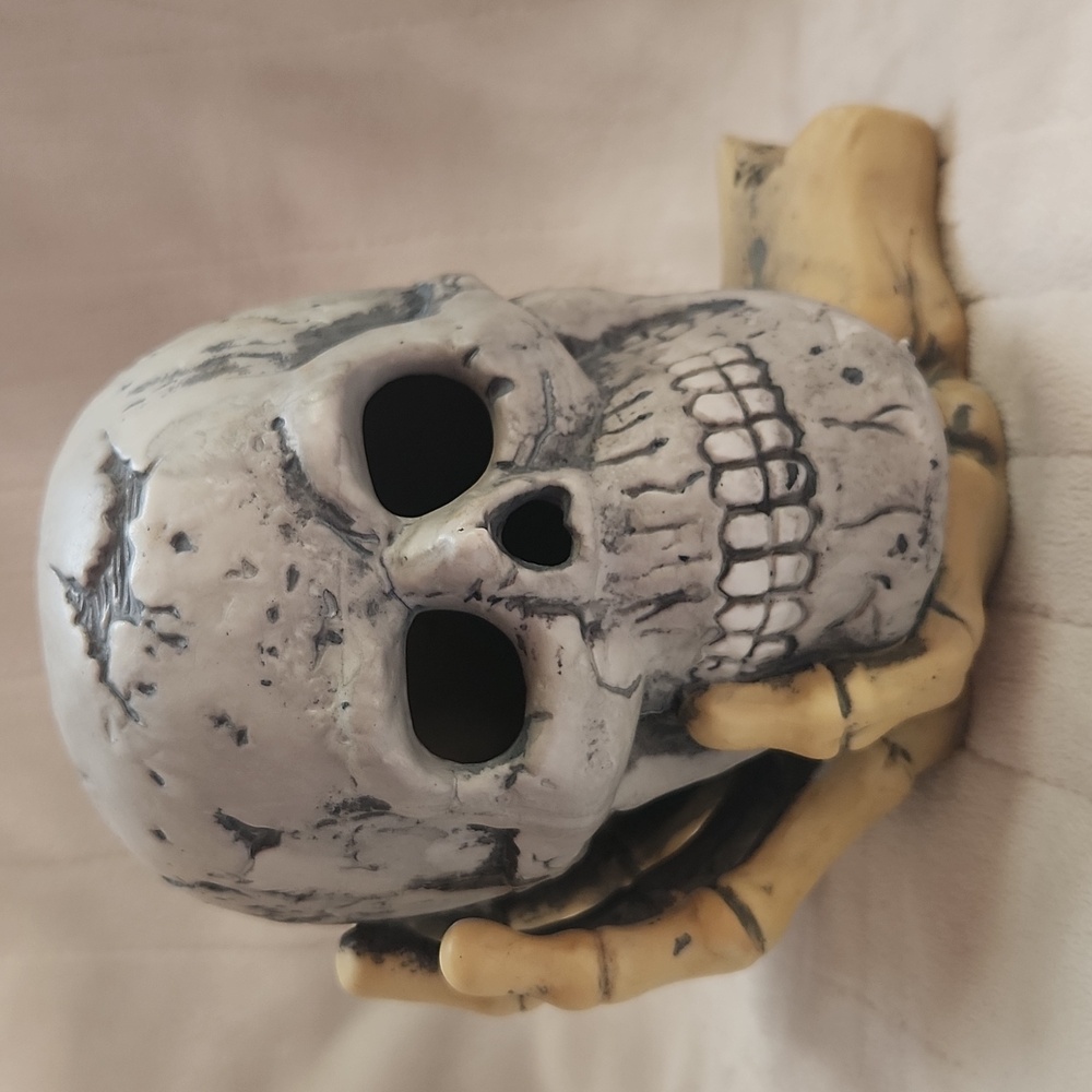 Vintage Halloween, Porcelin Skull Sculpture with Hand in Gray and Tan